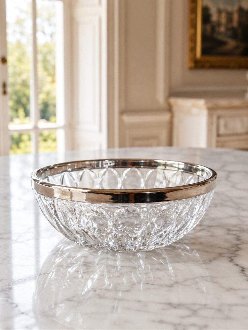 Vintage Italian Cut Crystal Serving Bowl Silver Plate Rim 9.25" Made in Italy